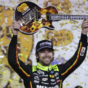 NASCAR Cup Series driver Ryan Blaney (12) wins the Cracker Barrel 400 at Nashville Superspeedway.