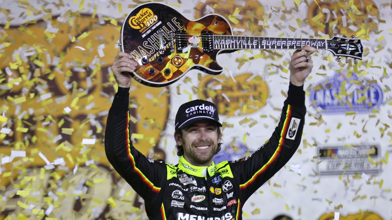 NASCAR Cup Series driver Ryan Blaney (12) wins the Cracker Barrel 400 at Nashville Superspeedway.