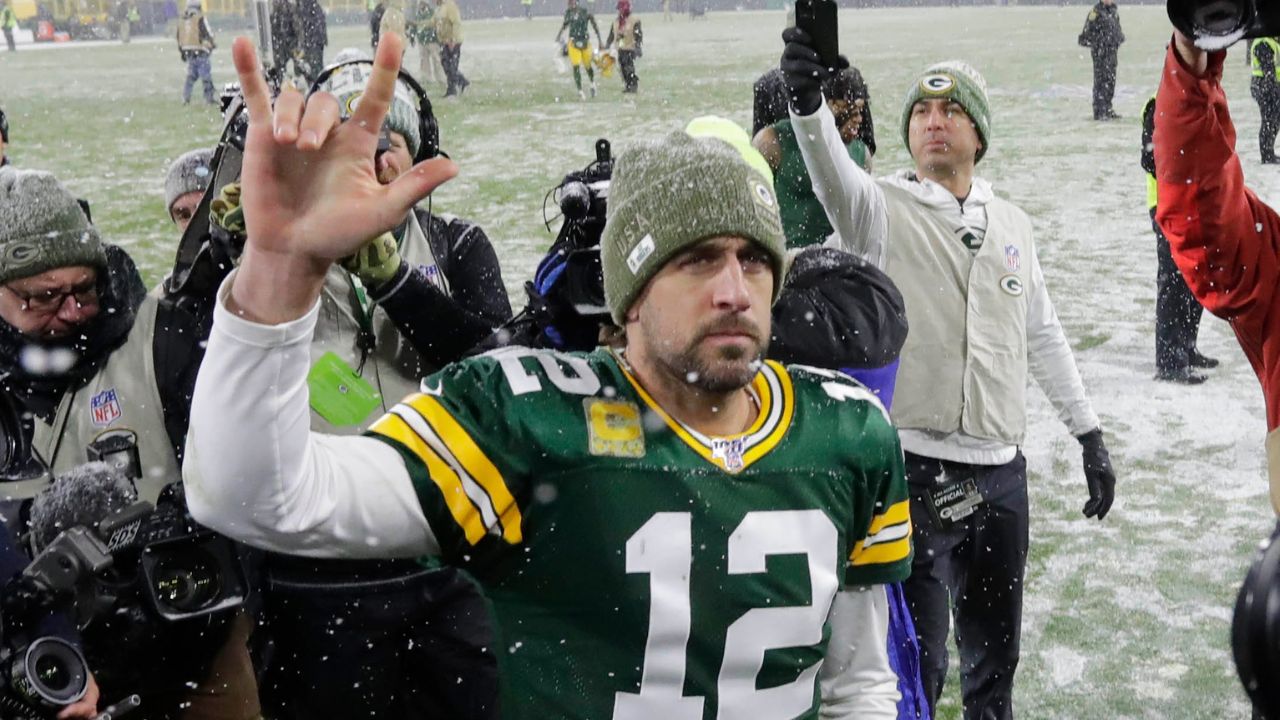 Green Bay Packers quarterback Aaron Rodgers (12)] celebrates during the Green Bay Packers 24-16 win over the Carolina Panthers in Green Bay, Wisconsin, Sunday, November 10, 2019. RICK WOOD/MILWAUKEE JOURNAL SENTINEL