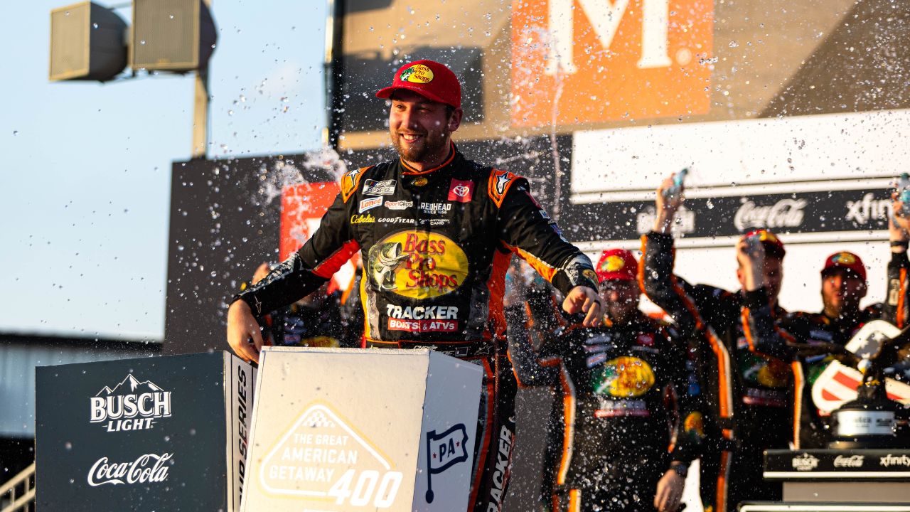 NASCAR Cup Series Driver Chase Briscoe celebrates winning the Great American Getaway 400 at Pocono Raceway on June 22, 2025.