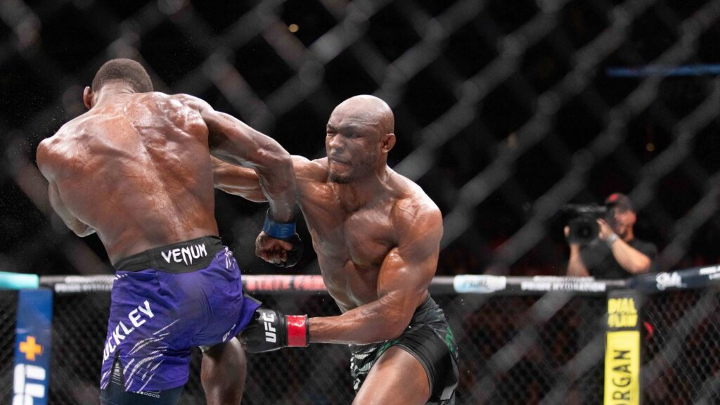 JUNE 14 : (R-L) Kamaru Usman punches Joaquin Buckley in a Welterweight fight during the UFC Fight Night event