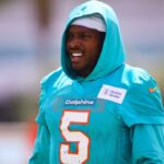 Miami Dolphins cornerback Jalen Ramsey (5) looks on during training camp at Baptist Health Training Complex.