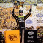 NASCAR Cup Series driver Ryan Blaney celebrates winning the Cracker Barrel 400 at Nashville Superspeedway in Lebanon, Tenn.