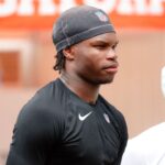 Jacksonville Jaguars wide receiver Travis Hunter (12) waits to be interviewed following rookie minicamp at Miller Electric Center.