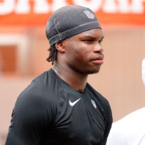 Jacksonville Jaguars wide receiver Travis Hunter (12) waits to be interviewed following rookie minicamp at Miller Electric Center.