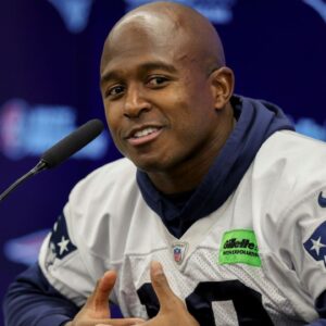 New England Patriots wide receiver Matthew Slater (18) speaks to the media before an NFL International Series practice at the Deutcher Fussball-Bund facility.