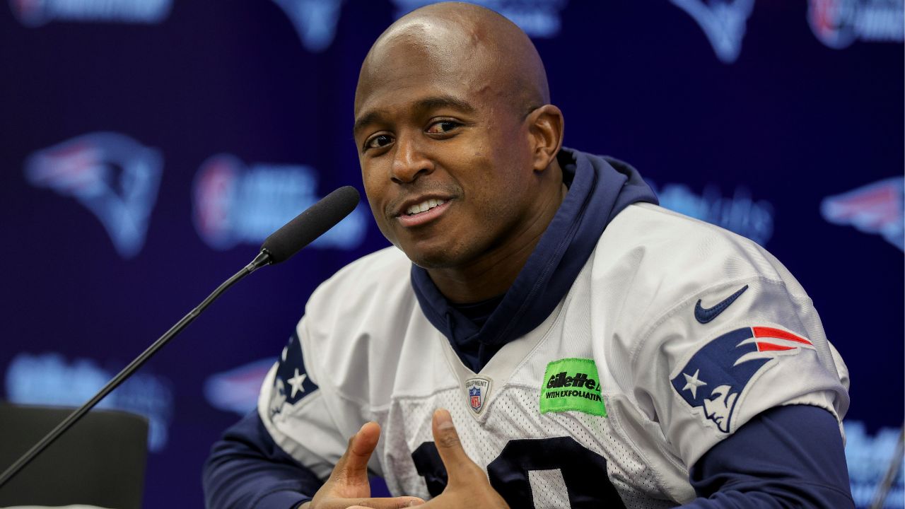 New England Patriots wide receiver Matthew Slater (18) speaks to the media before an NFL International Series practice at the Deutcher Fussball-Bund facility.
