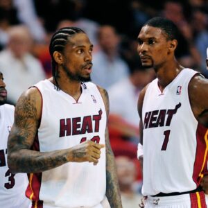 Nov. 17, 2010; Miami, FL, USA; Miami Heat players (from left) guard (3) Dwyane Wade , forward (40) Udonis Haslem , forward (1) Chris Bosh and forward (6) LeBron James against the Phoenix Suns at the American Airlines Arena. Miami defeated Phoenix 123-96. Mandatory Credit: Mark J. Rebilas-Imagn Images