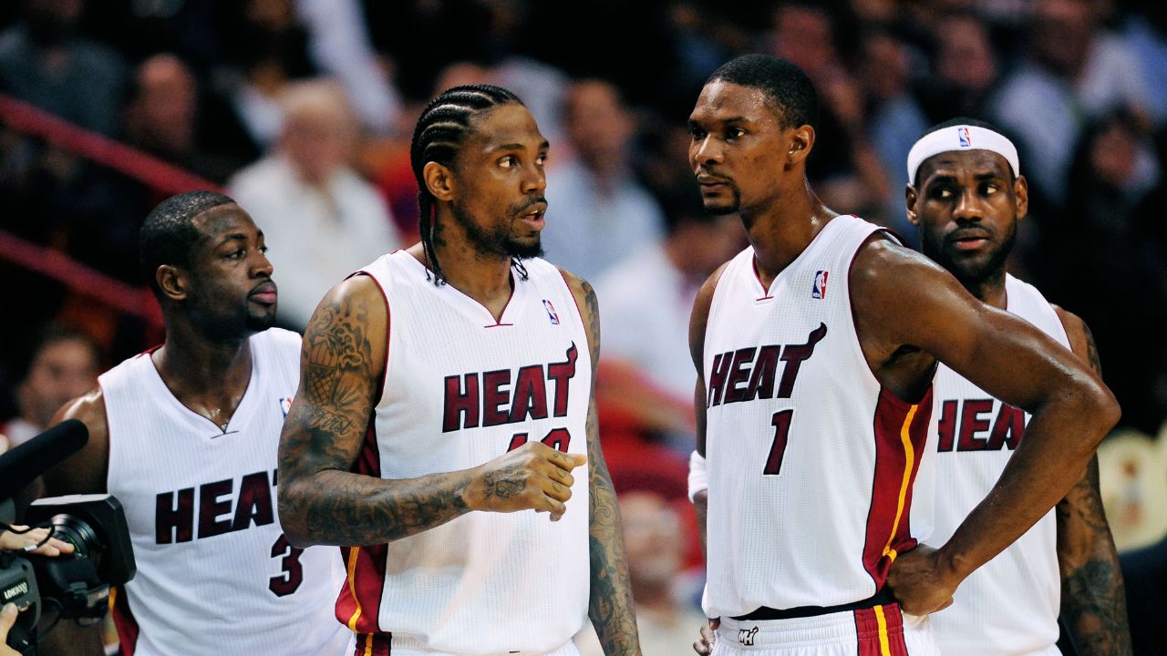 Nov. 17, 2010; Miami, FL, USA; Miami Heat players (from left) guard (3) Dwyane Wade , forward (40) Udonis Haslem , forward (1) Chris Bosh and forward (6) LeBron James against the Phoenix Suns at the American Airlines Arena. Miami defeated Phoenix 123-96. Mandatory Credit: Mark J. Rebilas-Imagn Images