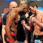 Jon Jones (left) and Chael Sonnen face off after the weigh-in at the Prudential Center.