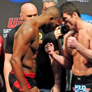 Jon Jones (left) and Chael Sonnen face off after the weigh-in at the Prudential Center.