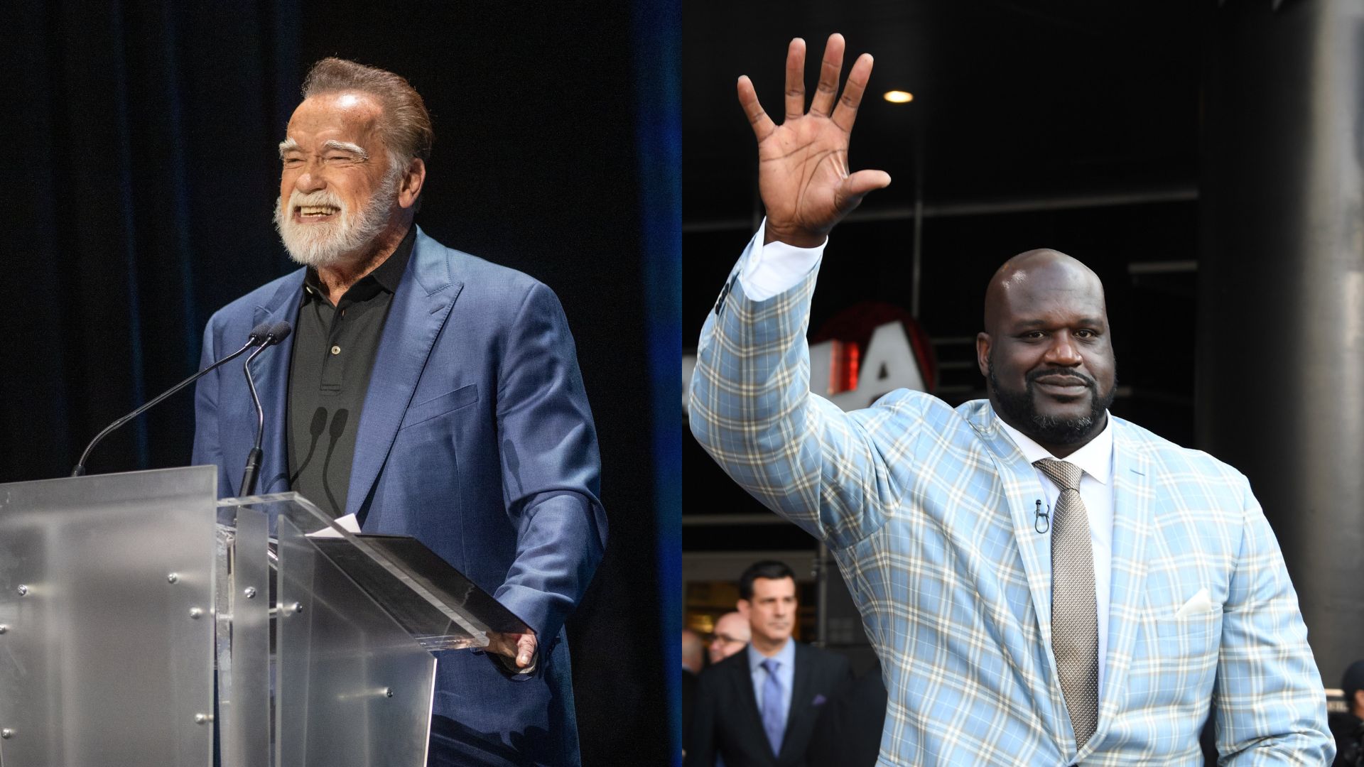 Arnold Schwarzenegger (L) and Shaquille O'Neal (R)