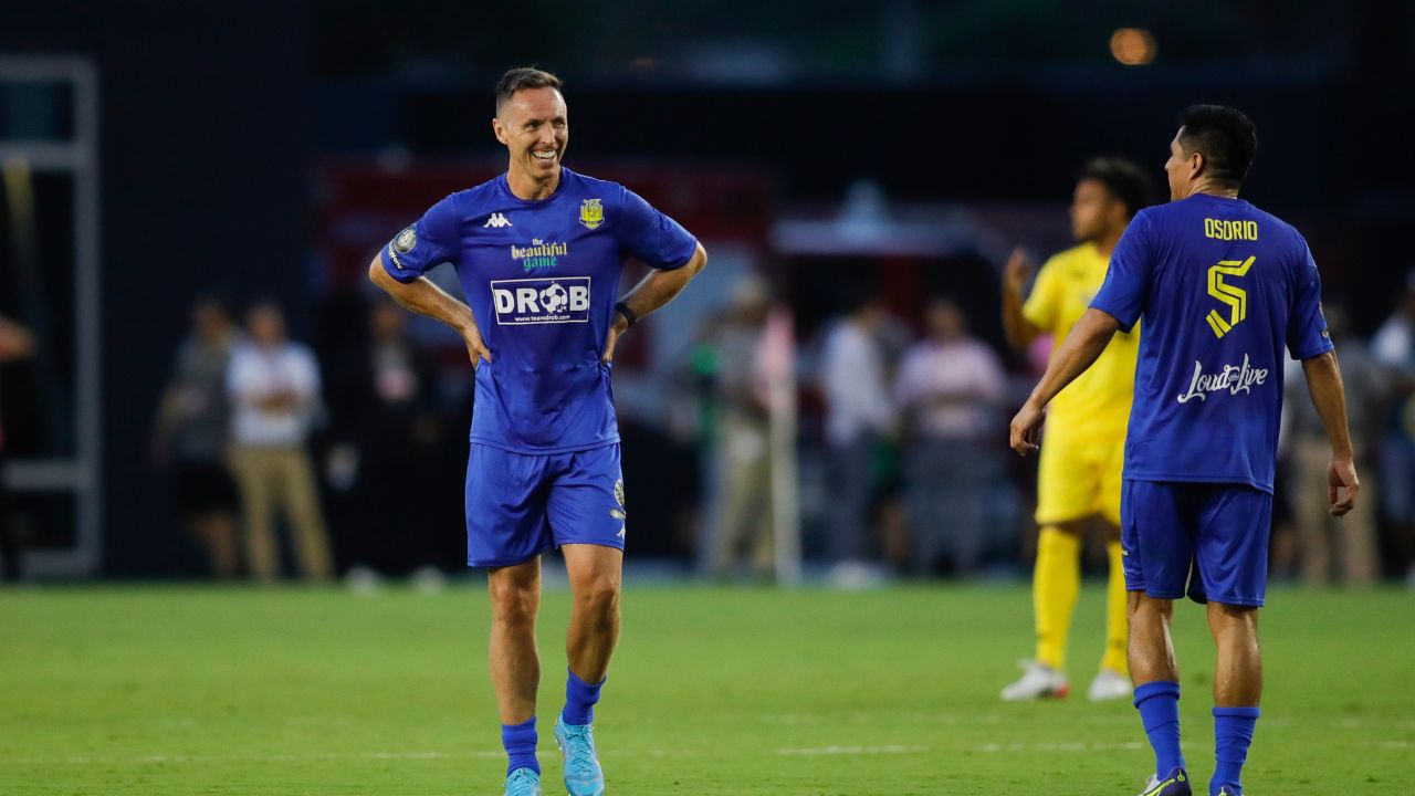 Steve Nash reacts after scoring a goal in the first half during The Beautiful Game exhibition match at DRV PNK Stadium