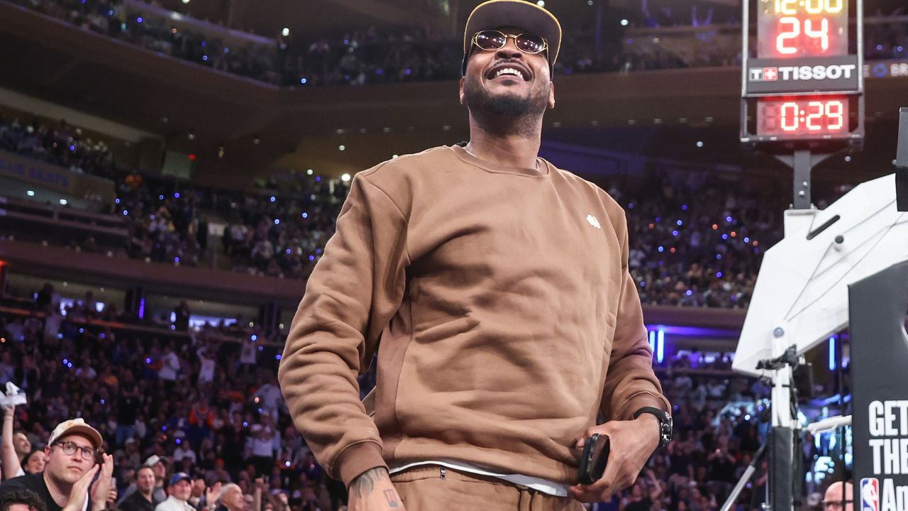 Former NBA forward Carmelo Anthony waves to the crowd during game five of first round for the 2025 NBA Playoffs between the against the Detroit Pistons and the New York Knicks at Madison Square Garden.