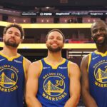 Nov 30, 2023; San Francisco, California, USA; Golden State Warriors guard Klay Thompson (11), guard Stephen Curry (30) and forward Draymond Green (23) after the game against the Los Angeles Clippers at Chase Center.