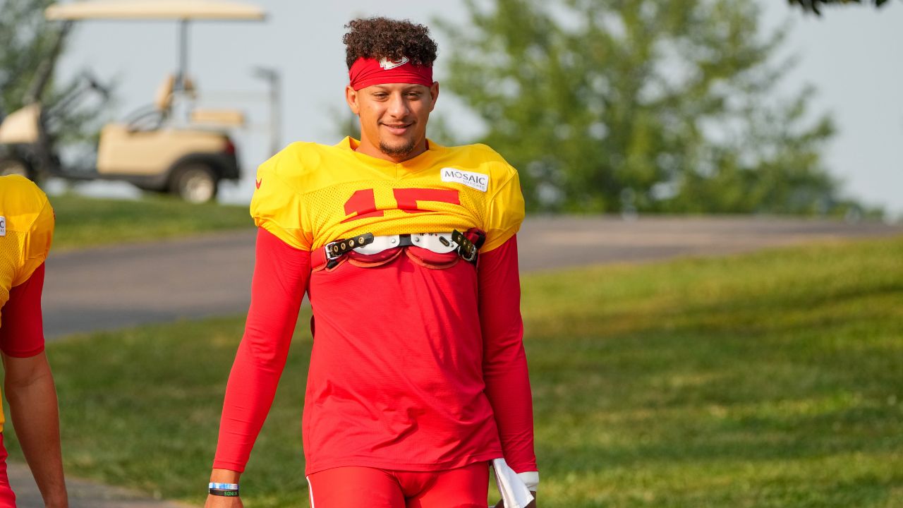 Kansas City Chiefs quarterback Patrick Mahomes (15) walks down the hill from the locker room to the fields prior to training camp at Missouri Western State University.