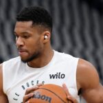 Milwaukee Bucks forward Giannis Antetokounmpo (34) warms up before game three of first round of the 2024 NBA Playoffs at Fiserv Forum.