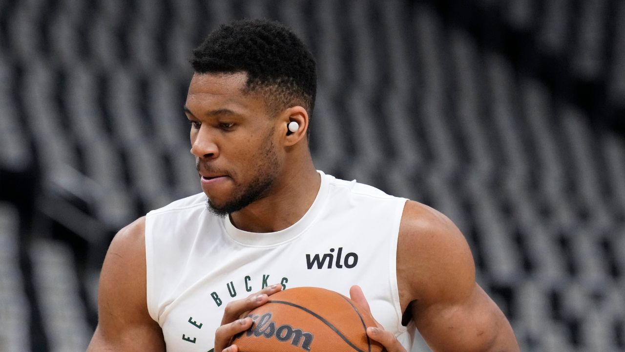Milwaukee Bucks forward Giannis Antetokounmpo (34) warms up before game three of first round of the 2024 NBA Playoffs at Fiserv Forum.