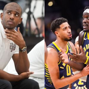 Chris Paul (L), Tyrese Haliburton and Pascal Siakam (R)