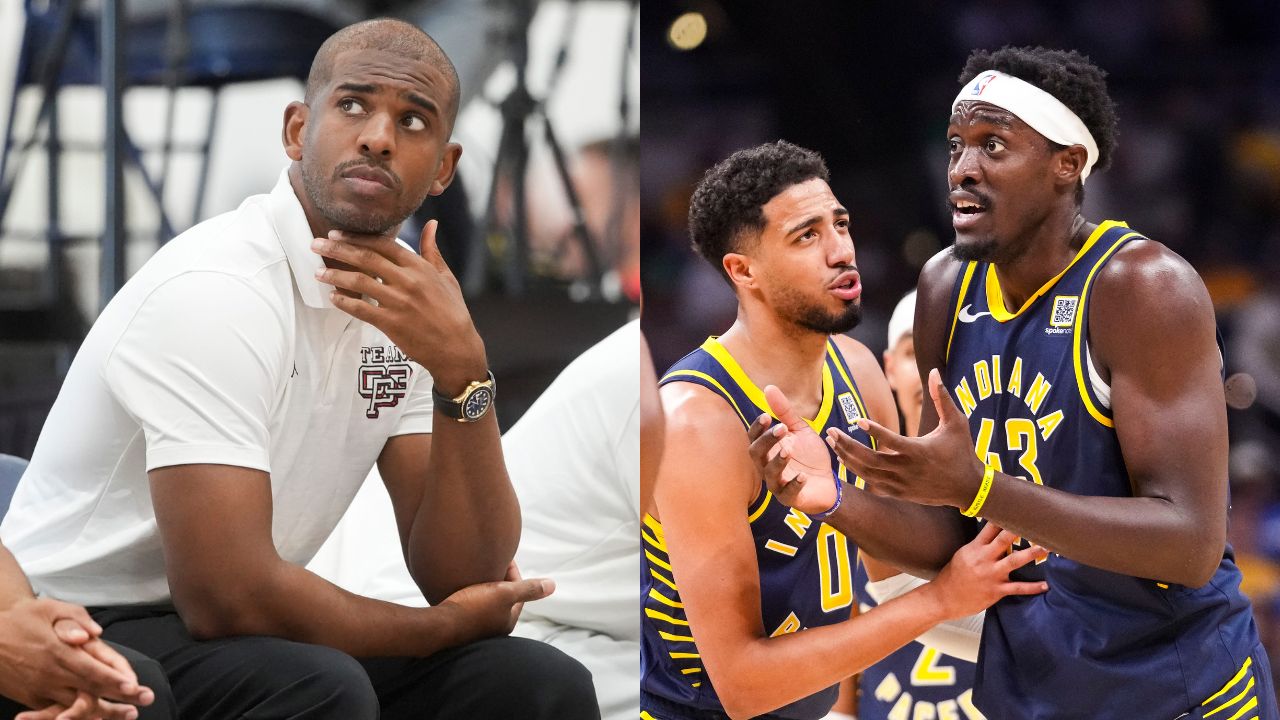 Chris Paul (L), Tyrese Haliburton and Pascal Siakam (R)