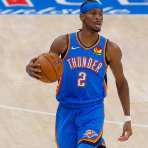 Jun 8, 2025; Oklahoma City, Oklahoma, USA; Oklahoma City Thunder guard Shai Gilgeous-Alexander (2) brings the ball up court against the Indiana Pacers during the first quarter of game two of the 2025 NBA Finals at Paycom Center.