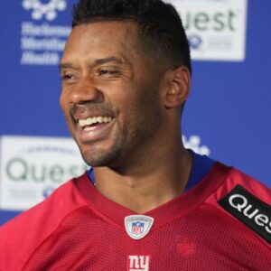 East Rutherford, NJ -- June 5, 2025 -- Quarterback, Russell Wilson being interviewed after the New York Giants players participated in their 2025 OTAÕs at the Quest Diagnostic Giants Training Center in East Rutherford.