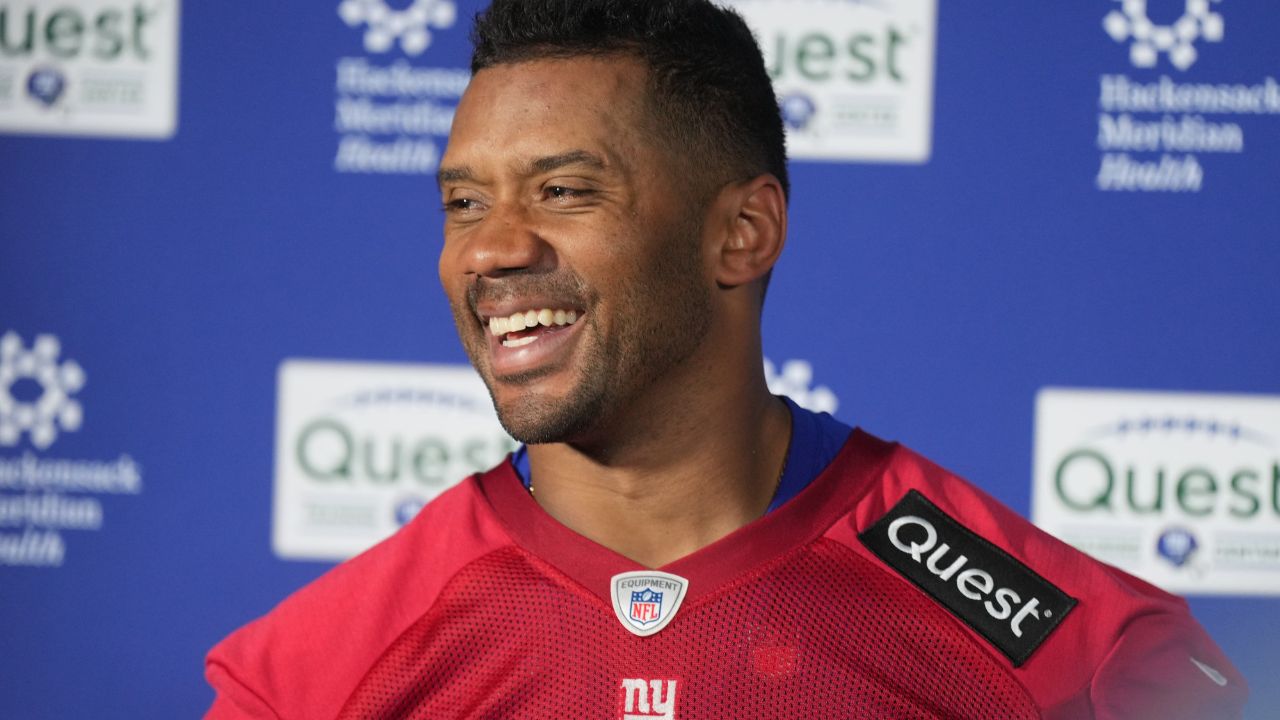 East Rutherford, NJ -- June 5, 2025 -- Quarterback, Russell Wilson being interviewed after the New York Giants players participated in their 2025 OTAÕs at the Quest Diagnostic Giants Training Center in East Rutherford.