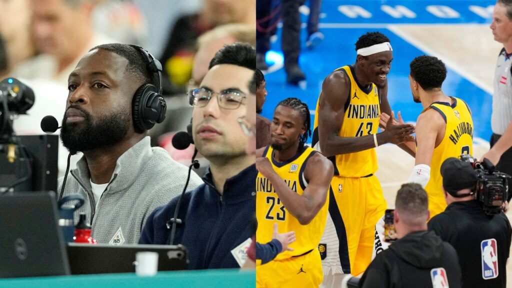 Dwyane Wade (L), Pascal Siakam and Tyrese Haliburton of the Indiana Pacers (R)