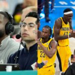 Dwyane Wade (L), Pascal Siakam and Tyrese Haliburton of the Indiana Pacers (R)