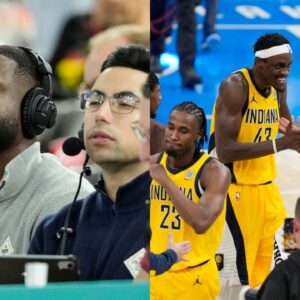 Dwyane Wade (L), Pascal Siakam and Tyrese Haliburton of the Indiana Pacers (R)