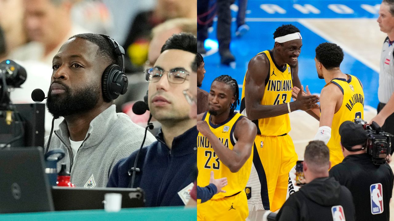 Dwyane Wade (L), Pascal Siakam and Tyrese Haliburton of the Indiana Pacers (R)