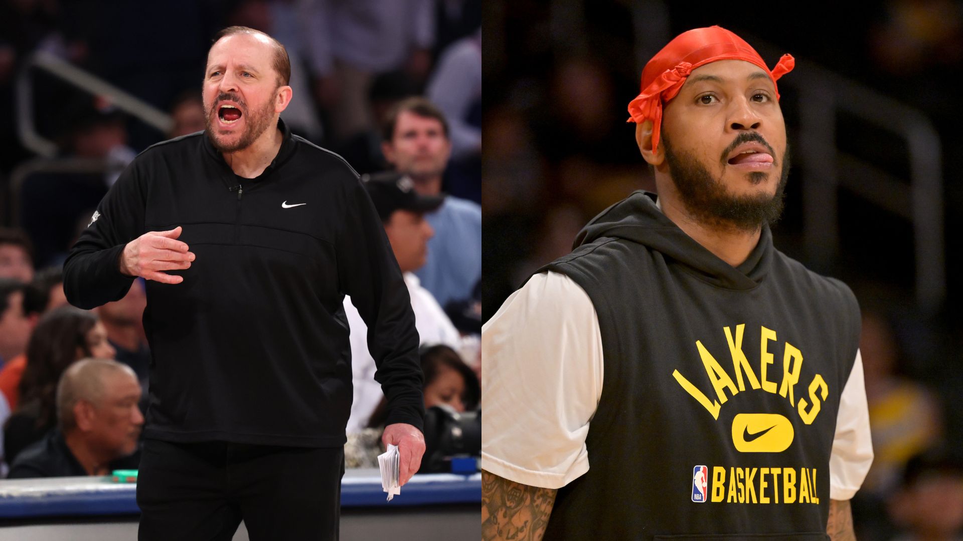 Tom Thibodeau (L) and Carmelo Anthony (R)