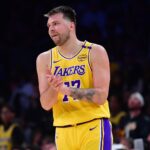 Apr 30, 2025; Los Angeles, California, USA; Los Angeles Lakers guard Luka Doncic (77) reacts during the second half in game five of first round for the 2025 NBA Playoffs at Crypto.com Arena.