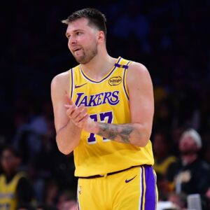 Apr 30, 2025; Los Angeles, California, USA; Los Angeles Lakers guard Luka Doncic (77) reacts during the second half in game five of first round for the 2025 NBA Playoffs at Crypto.com Arena.