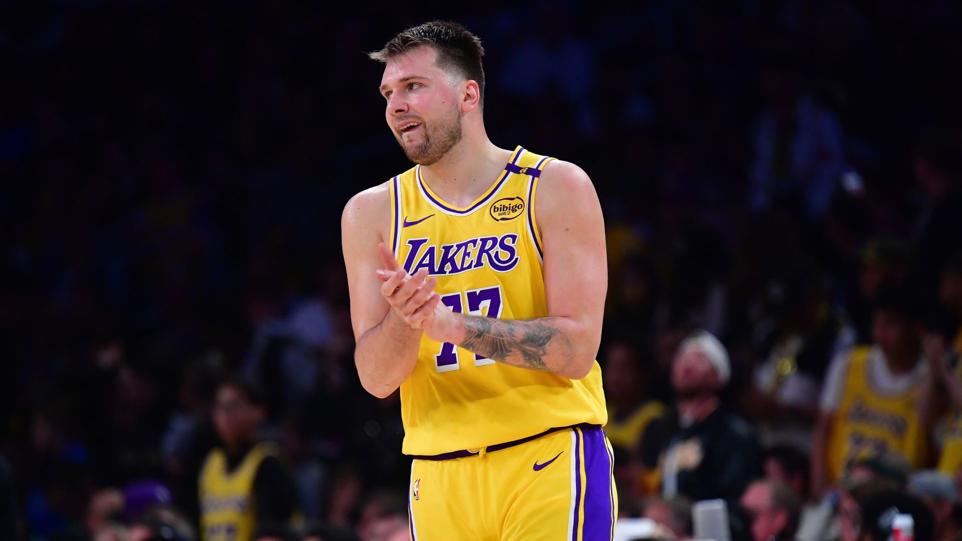 Apr 30, 2025; Los Angeles, California, USA; Los Angeles Lakers guard Luka Doncic (77) reacts during the second half in game five of first round for the 2025 NBA Playoffs at Crypto.com Arena.