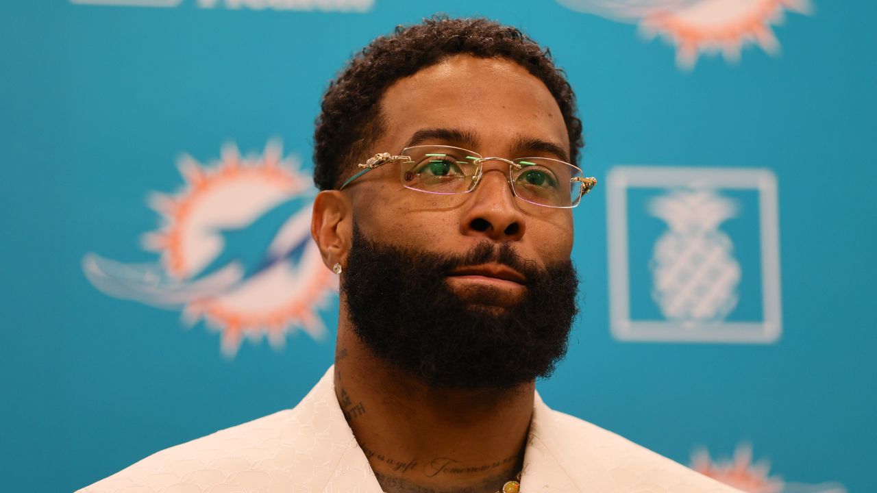 Miami Dolphins wide receiver Odell Beckham Jr. speaks to the media during an introductory press conference at Baptist Health Training Complex.