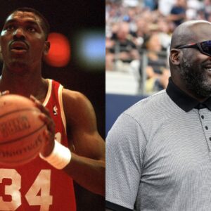 Hakeem Olajuwon (L) and Shaquille O'Neal (R)