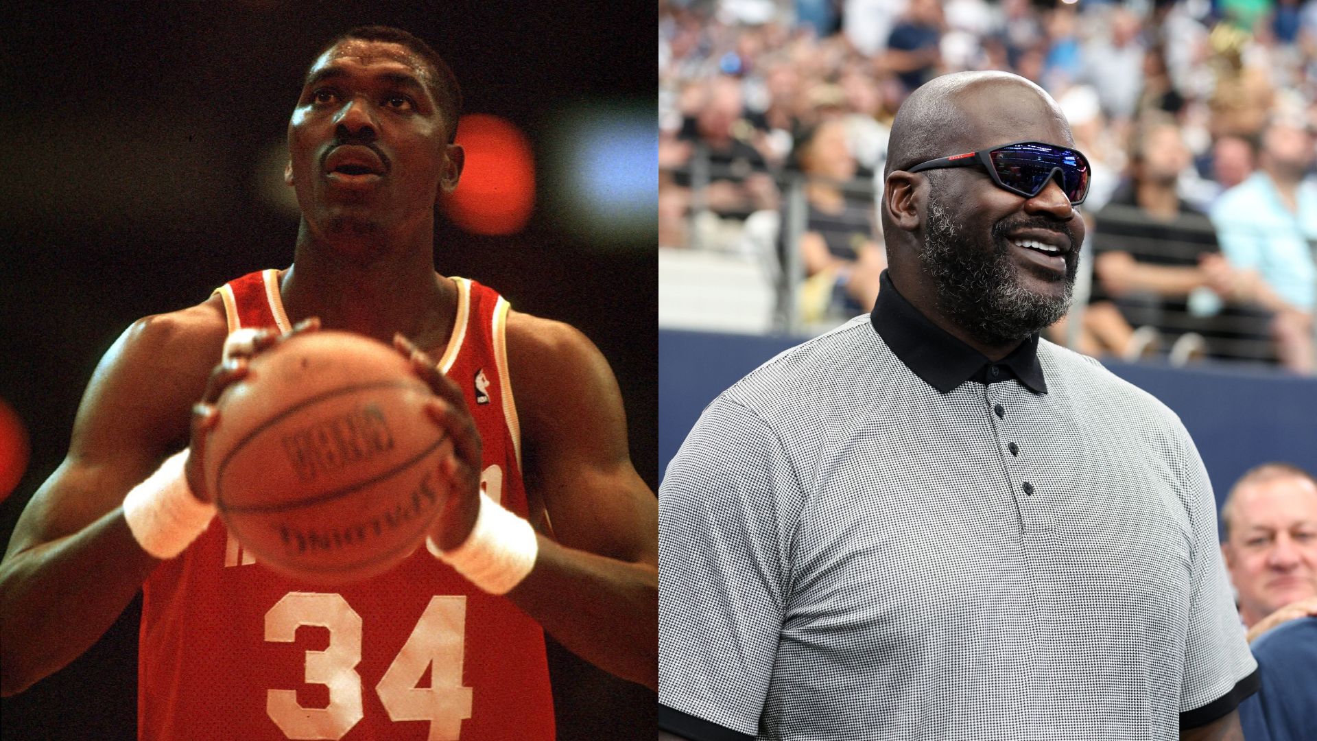 Hakeem Olajuwon (L) and Shaquille O'Neal (R)
