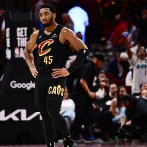 Cleveland Cavaliers guard Donovan Mitchell (45) reacts during the second half of game five against the Indiana Pacers in the second round for the 2025 NBA Playoffs at Rocket Arena