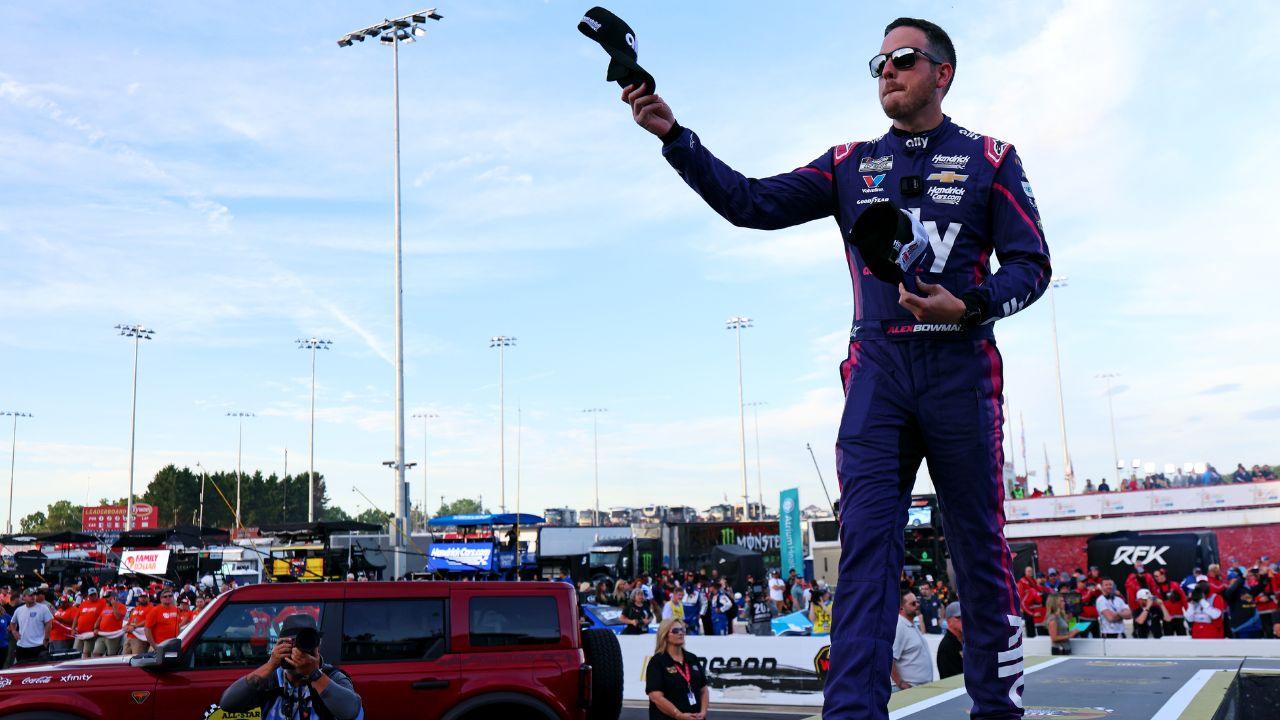 NASCAR Cup Series driver Alex Bowman (48) is introduced before the NASCAR All-Star Open at North Wilkesboro Speedway.