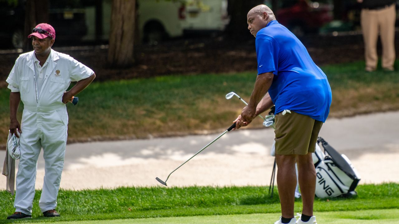 Former NBA player Charles Barkley putts during the LIV Invitational Pro-Am at Trump National Golf Club Bedminster