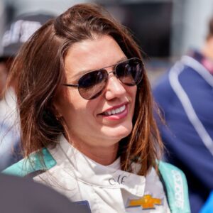 Xfinity Series driver Katherine Legge (32) speaks with fans before the race at Talladega Superspeedway.