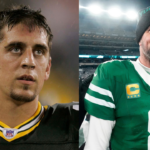 Left: Green Packers quarterback Aaron Rodgers on Aug. 26, 2005; Right: New York Jets quarterback Aaron Rodgers on Jan. 5, 2025