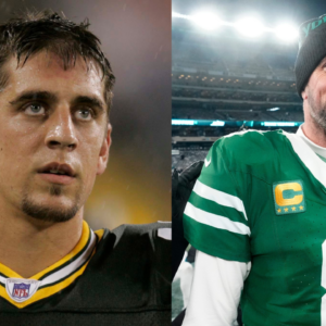 Left: Green Packers quarterback Aaron Rodgers on Aug. 26, 2005; Right: New York Jets quarterback Aaron Rodgers on Jan. 5, 2025
