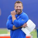 Los Angeles Rams head coach Sean McVay watches offensive drills during organized team activities at Rams Practice Facility.