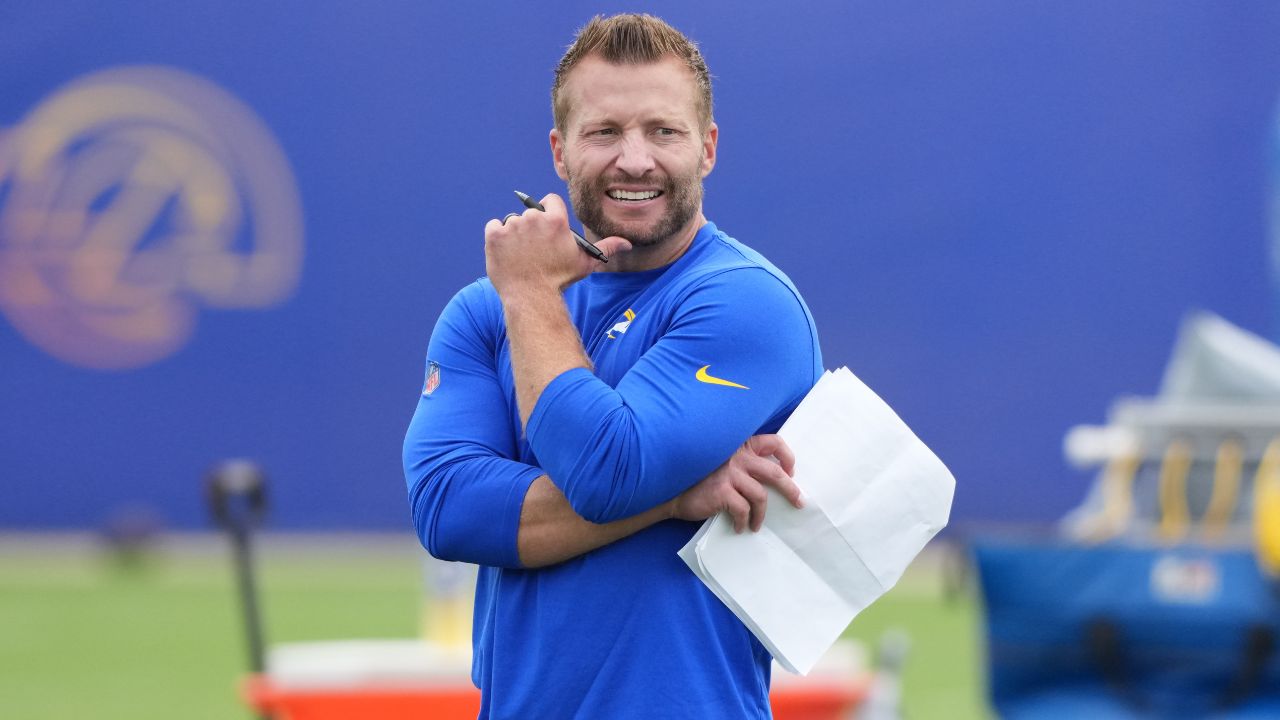 Los Angeles Rams head coach Sean McVay watches offensive drills during organized team activities at Rams Practice Facility.