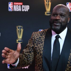 Dec 14, 2024; Las Vegas, NV, USA; Shaquille O'Neal arrives on the red carpet before the Emirates NBA Cup semifinal game at T-Mobile Arena. Mandatory Credit: Candice Ward-Imagn Images