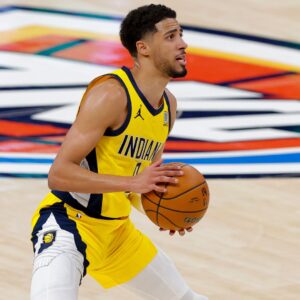 Indiana Pacers guard Tyrese Haliburton (0) shoots the ball against the Oklahoma City Thunder during the second quarter during game one of the 2025 NBA Finals at Paycom Center.