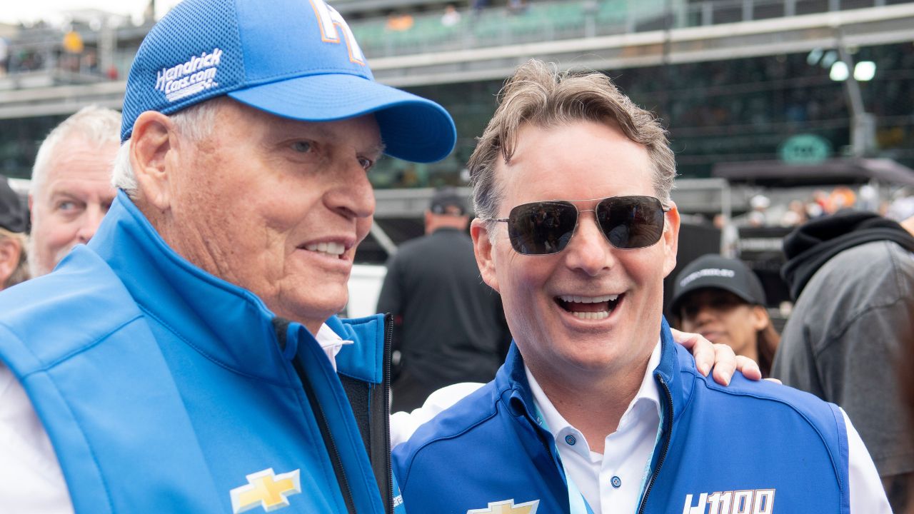 Rick Hendrick stands with Jeff Gordon Sunday, May 25, 2025, ahead of the 109th running of the Indianapolis 500 at Indianapolis Motor Speedway.