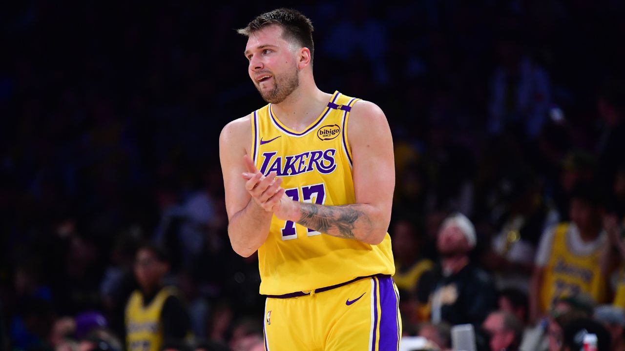 Apr 30, 2025; Los Angeles, California, USA; Los Angeles Lakers guard Luka Doncic (77) reacts during the second half in game five of first round for the 2025 NBA Playoffs at Crypto.com Arena. Mandatory Credit: Gary A. Vasquez-Imagn Images